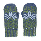 Pair of blue and green patterned mittens on a white background