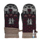 Pair of mittens with reindeer and heart pattern on a white background