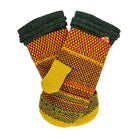 Pair of colorful knitted mittens on a white background