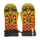 Pair of yellow mittens with moose and floral patterns on a white background