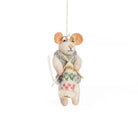 Felted mouse ornament with small knitting accessories.