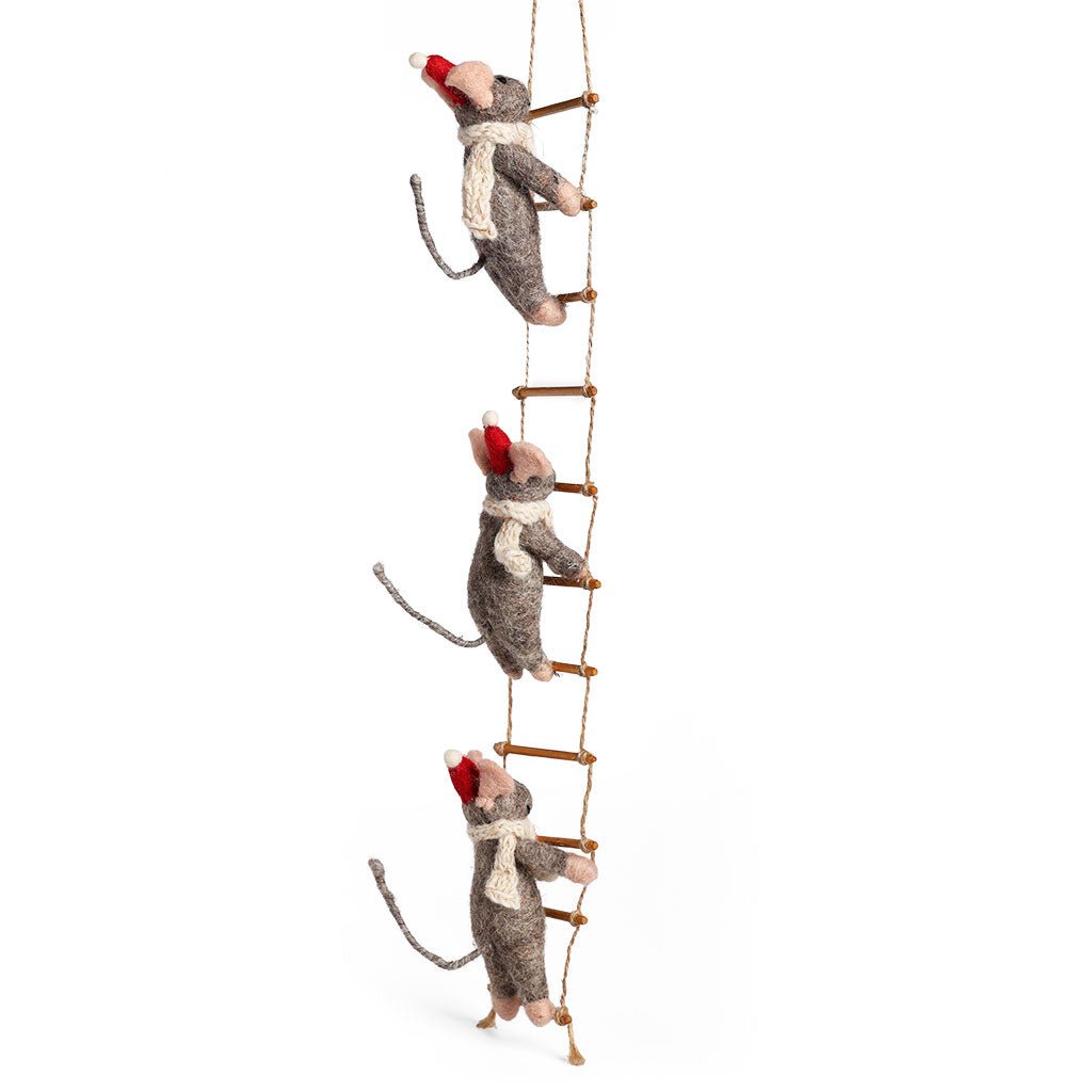 Three felted mice on ladder ornament on white background.