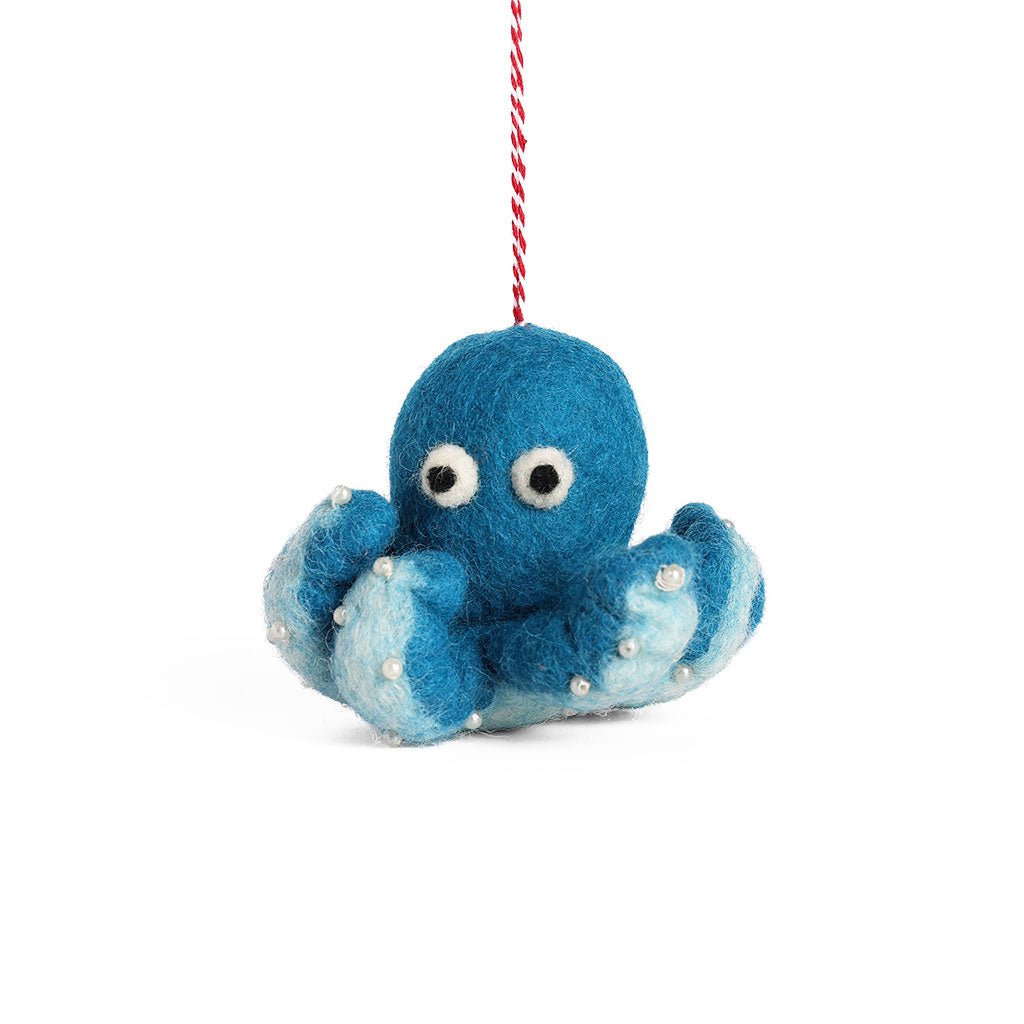 Felted octopus ornament on red and white hanging string.