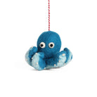 Felted octopus ornament on red and white hanging string.
