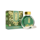 Green ink bottle with gold cap and matching box from Ferris Wheel Press on a white background