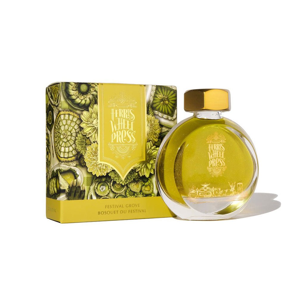 Bottle of Festival Grove chartreuse ink with decorative packaging on a white background
