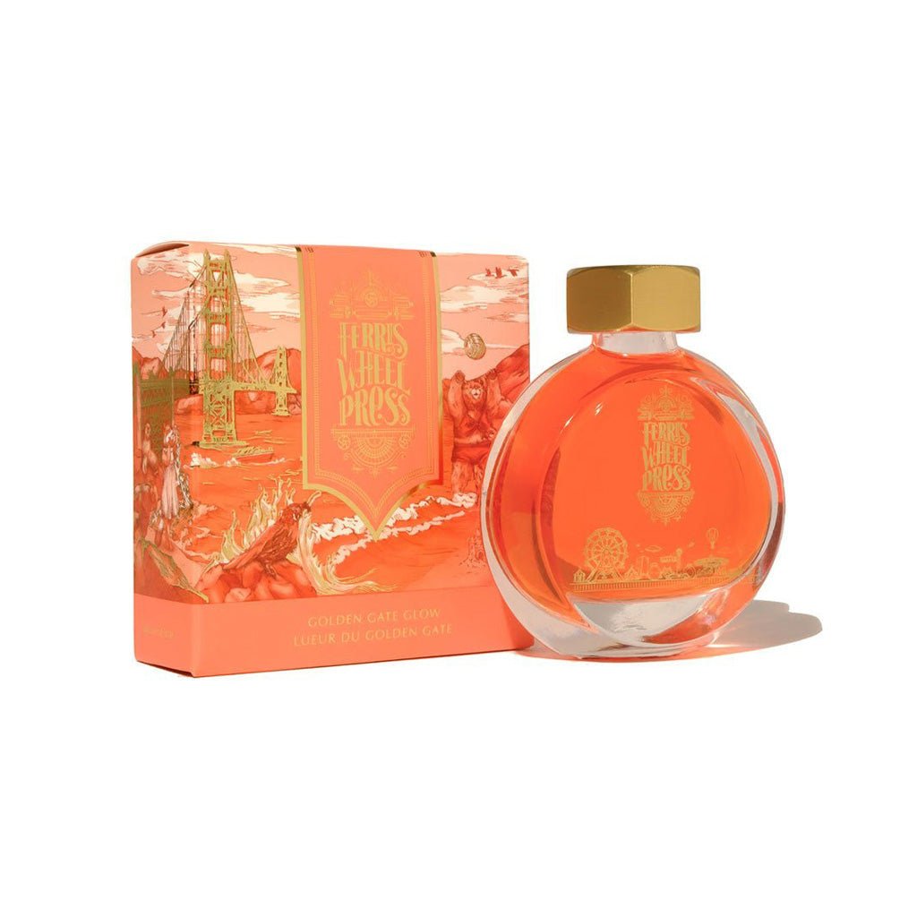 Ink bottle and packaging with scenic design on a white background