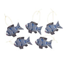 Set of five fish-shaped gift tags with colorful twine on white background