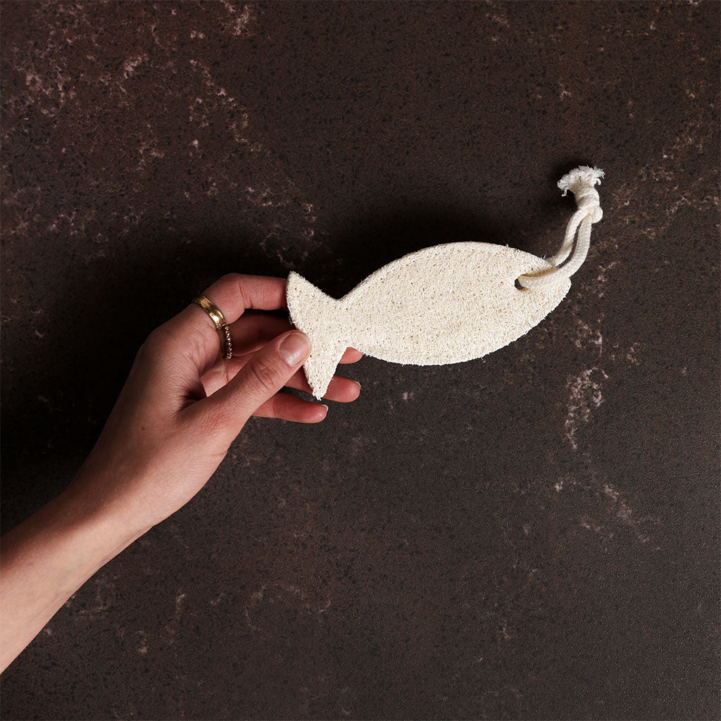 Fish Shaped Loofah Pad with Rope at Boston General Store