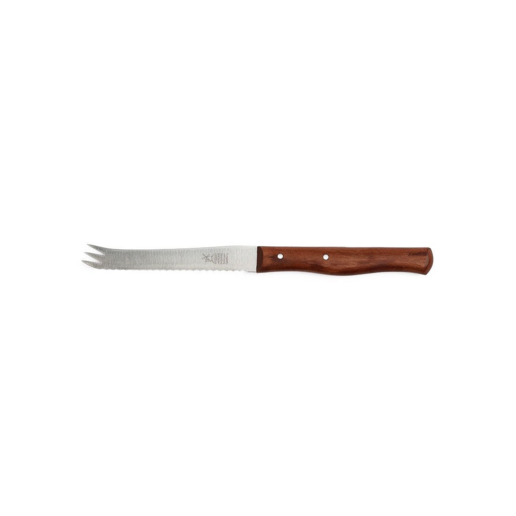 Cherrywood cheese and tomato knife with stainless steel fork tip on white background