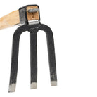 Three pronged forked hand hoe gardening tool with wooden handle on white background