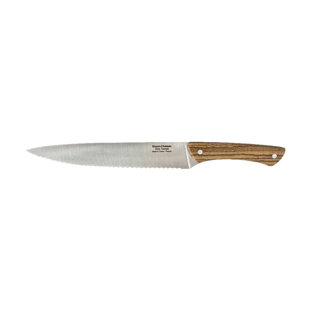 Stainless steel bread knife with two-toned jennywood handle and rivets on white background