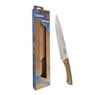 Stainless steel bread knife with two-toned jennywood handle and rivets next to packaging on white background