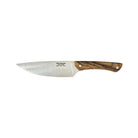 Stainless steel chef's knife with two-toned jennywood handle and rivets on white background