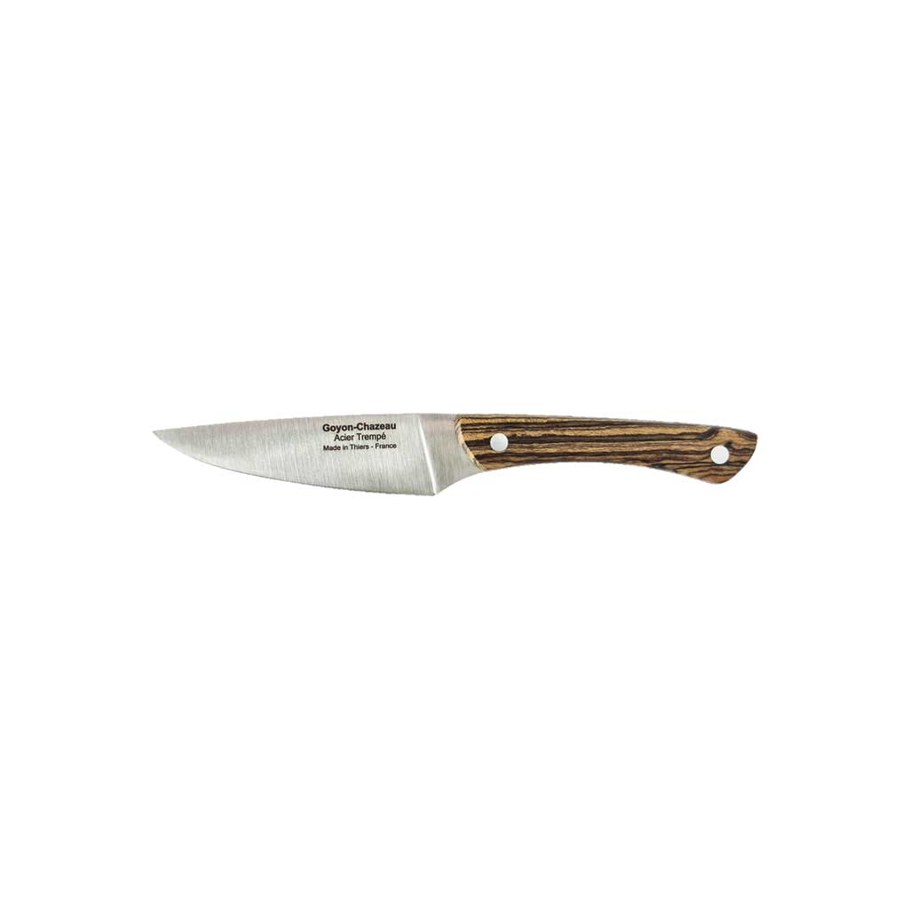 Stainless steel paring knife with two-toned jennywood handle and rivets on white background