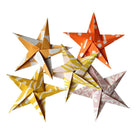 Five origami stars in various colors and patterns