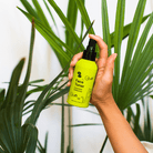 Hand holding green spray bottle of face toner in front of green plants