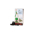 Box of KNOX frankincense incense next to black incense cones on white background