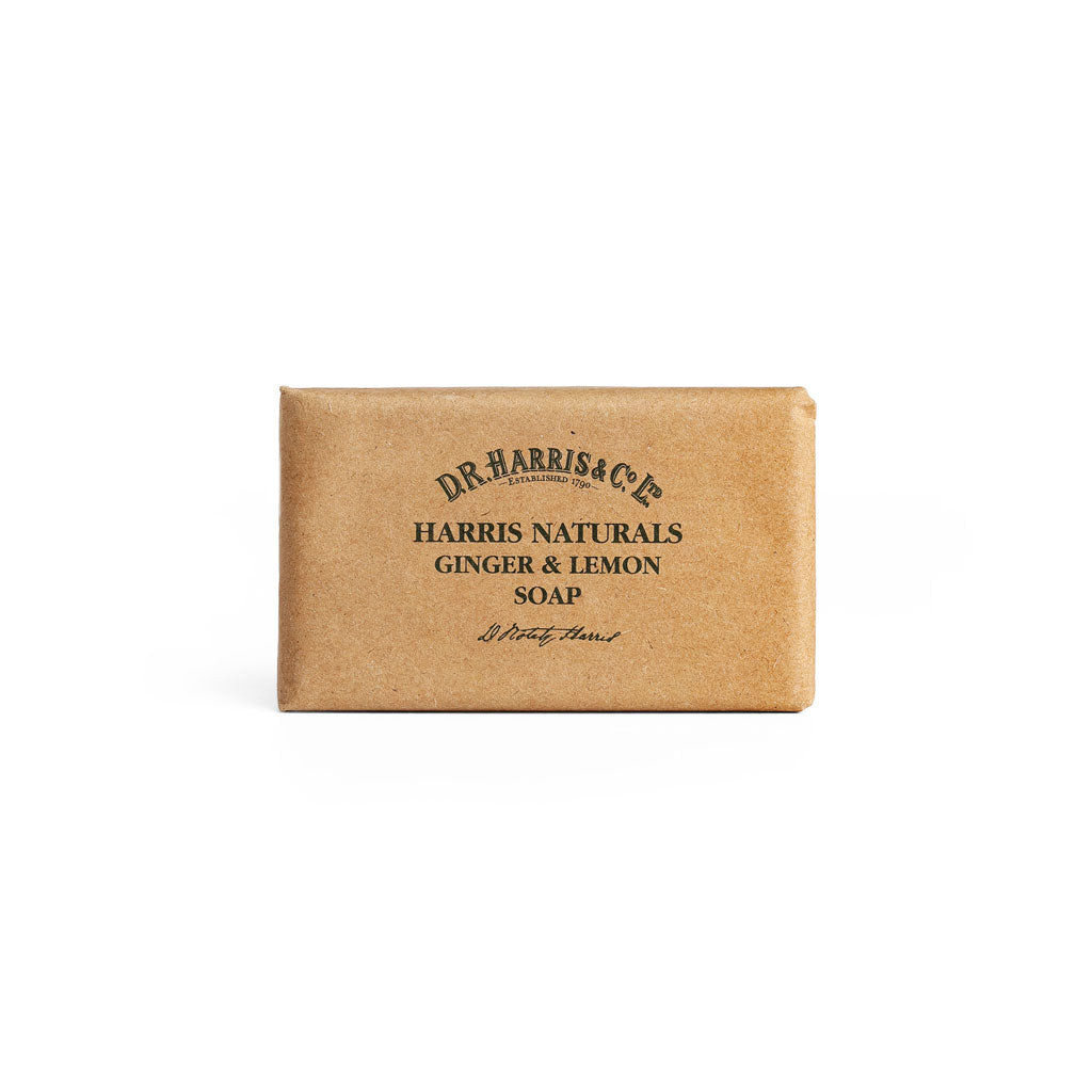 Bar of wrapped D. R Harris soap on a white background