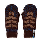 A pair of dark brown knit mittens with blue and tan patterns, featuring a stylized animal motif on the back of the hand and ribbed cuffs, shown against a plain white background.
