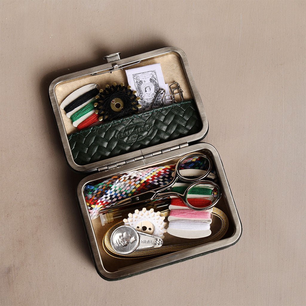 Green Leather Framed Sewing Set Boston General Store