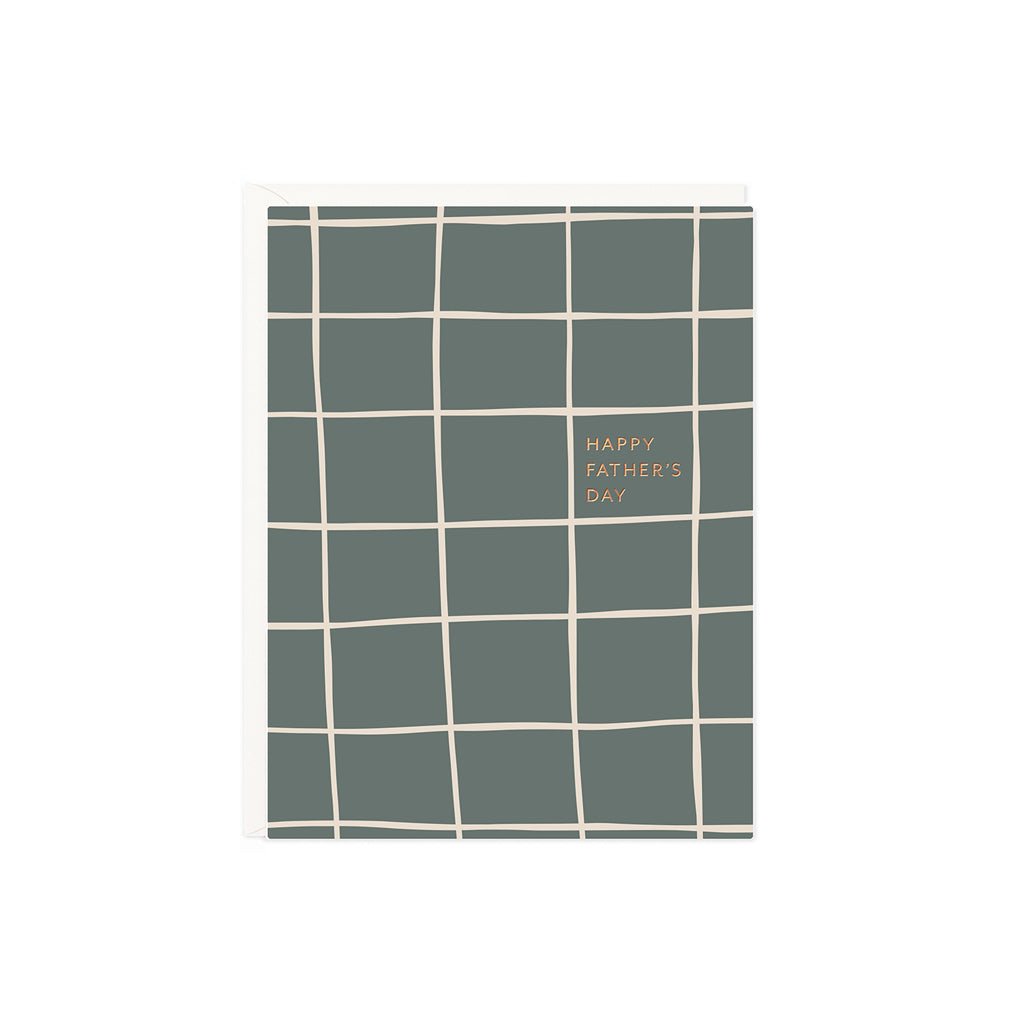 A grid pattern Father's Day card with a gold foil message that reads 'Happy Father's Day'.