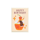 Birthday card with a cartoon cherry character in a cupcake and 'Happy Birthday' text on a beige background