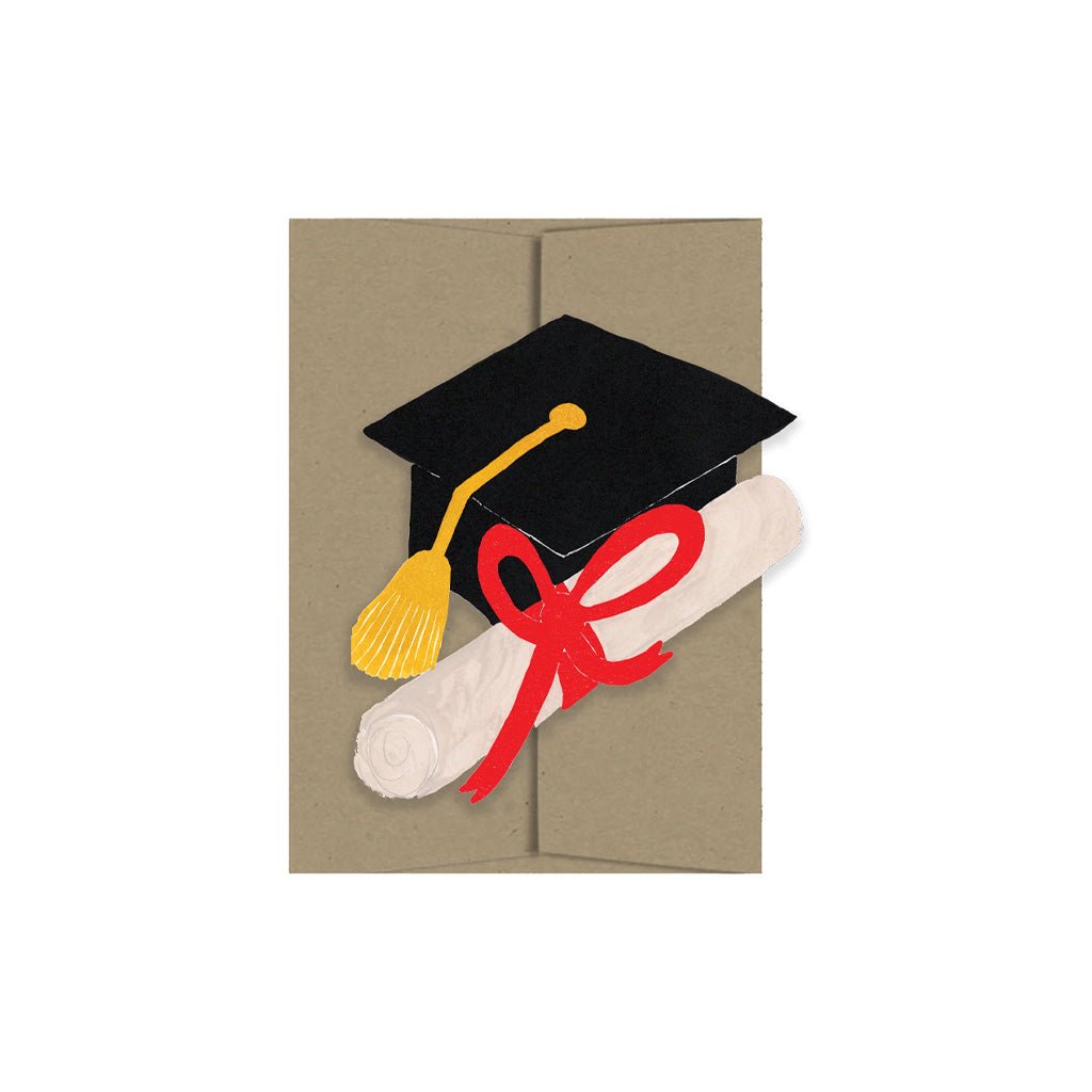 Graduation-themed greeting card with cap, tassel, and diploma on a beige background