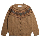 Tan wool cardigan by Harley of Scotland with a brown and turquoise Fair Isle yoke, round neckline, and button front.