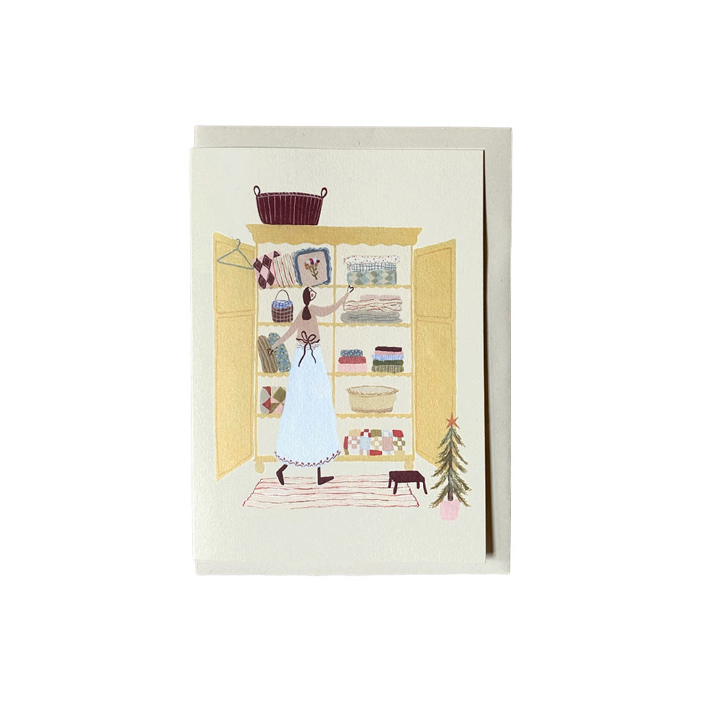 Illustrated holiday card with envelope.