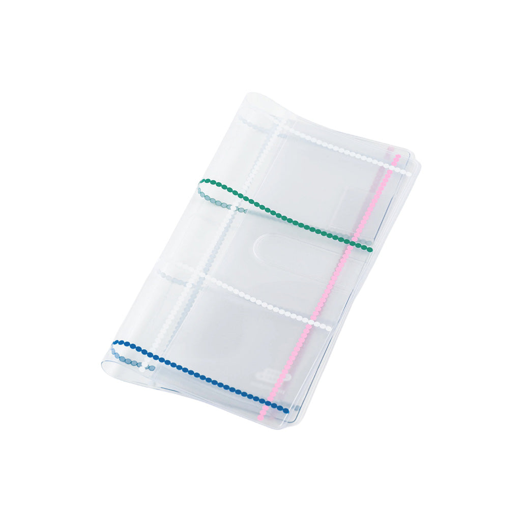 Clear Hobonichi Weeks cover with colorful dotted plaid pattern against white background