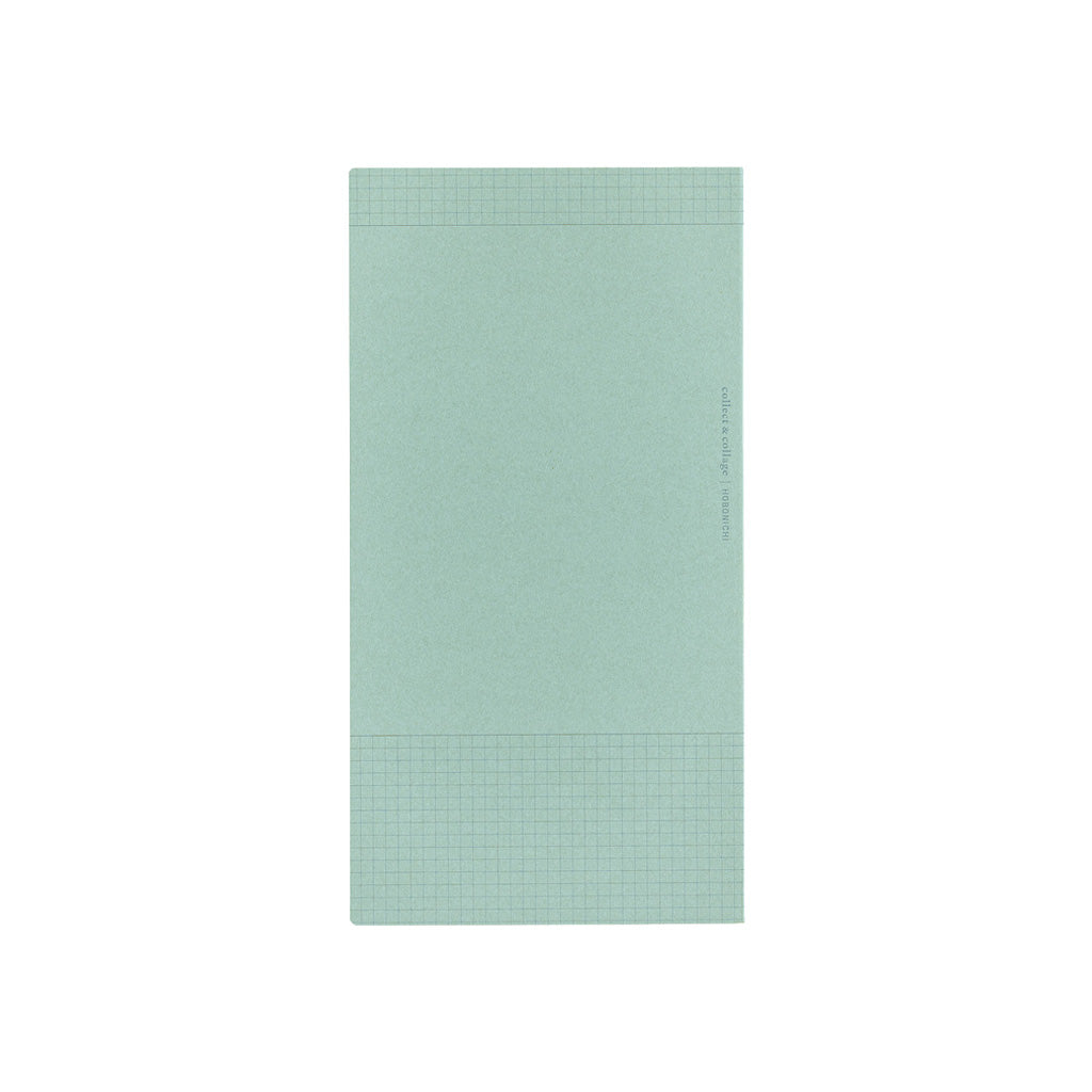 A mint green graph paper notebook with a fine grid pattern, shown flat against a solid white background.