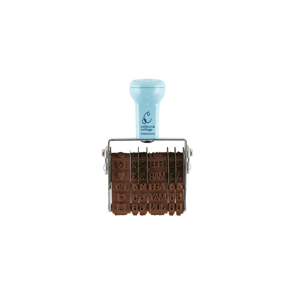 A rubber rotary stamp with a light blue handle and a metal frame holding multiple brown rubber letter stamps, shown on a plain white background.