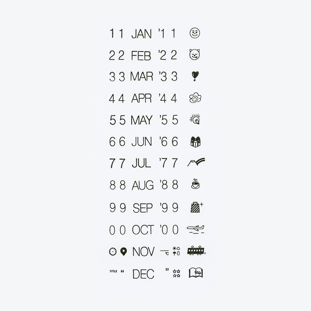 A set of inked stamp designs showing numbers and months with small corresponding symbols, on a light gray background.