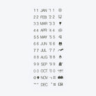 A set of inked stamp designs showing numbers and months with small corresponding symbols, on a light gray background.