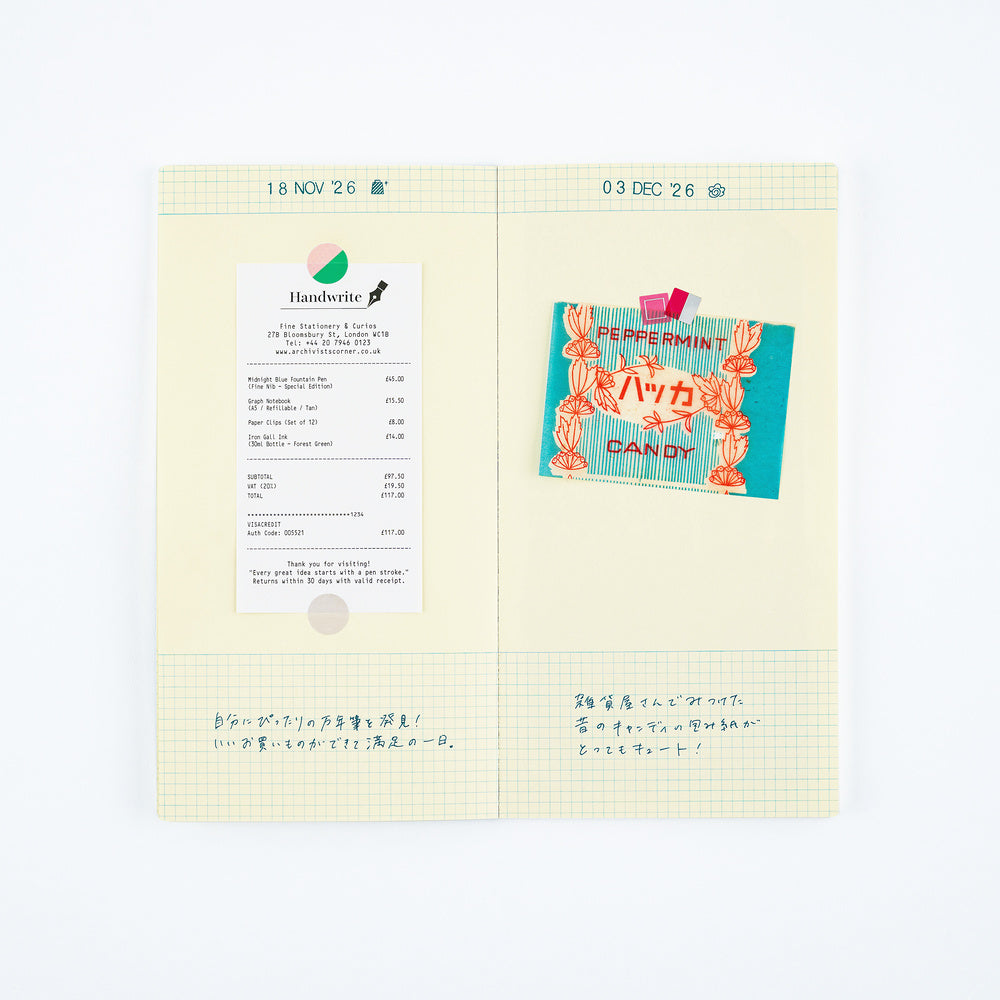 A paper journal spread open on a white background, featuring light yellow grid paper, a receipt pinned on the left page, a colorful candy card on the right, and handwritten notes in Japanese.
