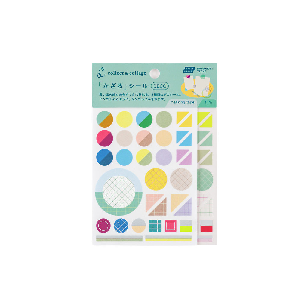 A sheet of decorative stickers in 'Deco' style from collect & collage, featuring various colorful circles, stripes, and geometric patterns on a white backing card with a mint green header.