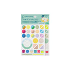 A sheet of decorative stickers in 'Deco' style from collect & collage, featuring various colorful circles, stripes, and geometric patterns on a white backing card with a mint green header.