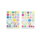 Two sheets of colorful geometric stickers with circles, squares, triangles, and grids in pastel and bright colors on a white background.