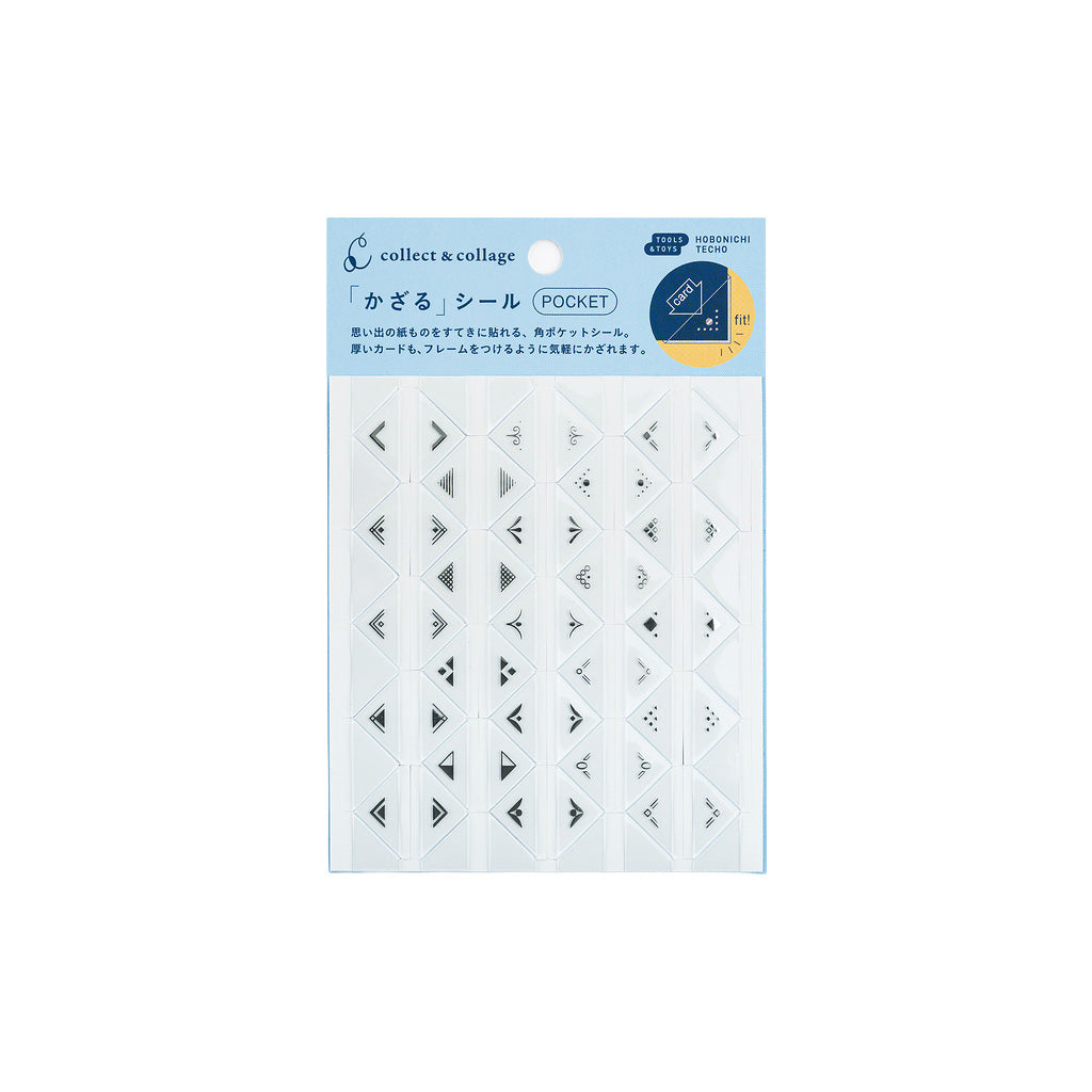 A package of collect & collage 'Pocket' adhesive stickers, featuring various geometric and arrow designs on a white sheet inside a light blue and yellow blister pack.