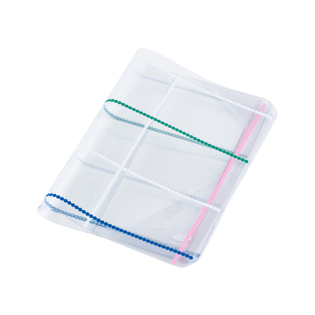 Clear cover for A5 Hobonichi Techo cover with colorful dotted plaid pattern against white background
