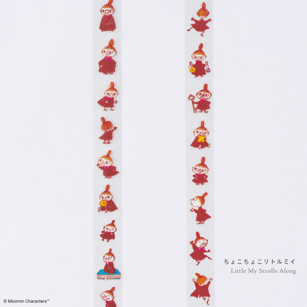 Two narrow strips of decorative tape featuring the Moomin character Little My Rolls in a red robe, shown on a plain white background with Japanese text reading 'Little My Strolls Along' and a Moomin Characters copyright mark.