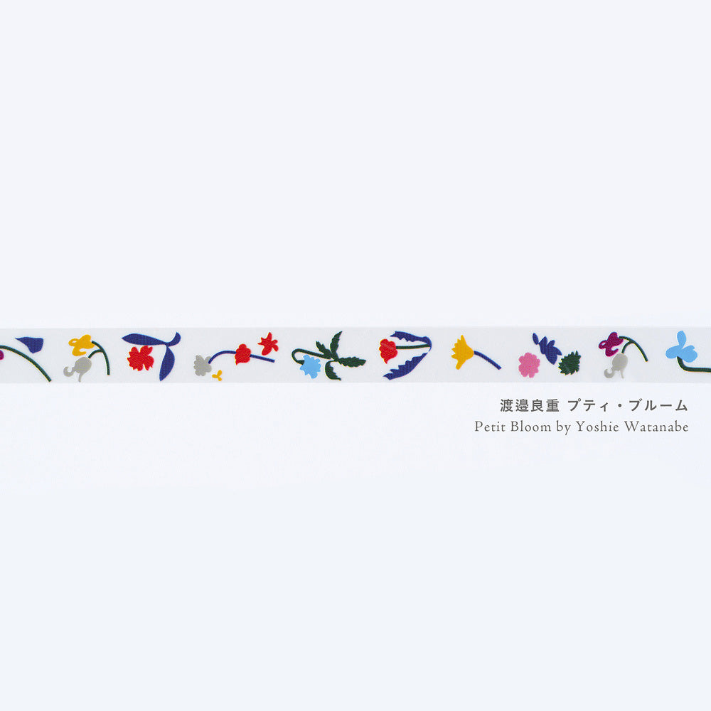 A horizontal strip of deco rush tape by Hobonichi x Yoshie Watanabe with floral imagery against white background