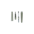 A disassembled fountain pen shown on a clean white background, with the cap removed and placed beside the nib, filler tube, and barrel.