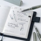 An open grid notebook with handwritten notes about fountain and rollerball pens, styled with two green-gray pens on a white surface.