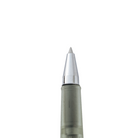 Close-up of a rollerball pen tip and upper barrel in a translucent smoky gray color with a shiny silver metal tip, isolated on a white background.