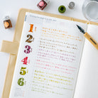 An open planner or journal with a calendar page showing the months of the year in colorful numbers, surrounded by stationery and small bottles on a white background.