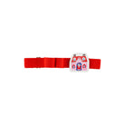 A red fabric book band with pink house and white cat charm against white background