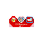 Three Yumi Kitagishi-themed clips displayed on their red branded card packaging against a solid white background. The pins include a round pin with a red cat, a heart-shaped pin with a chipmunk, and a square pin with a white dog.