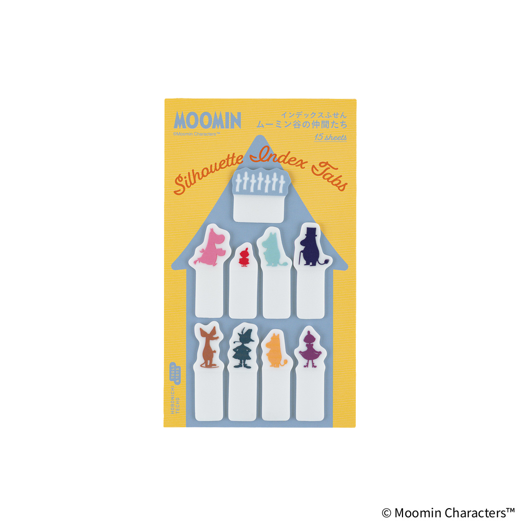 Moomin Silhouette Index Tabs card set featuring various Moomin character silhouettes on a yellow and blue card backing, photographed against a white background.